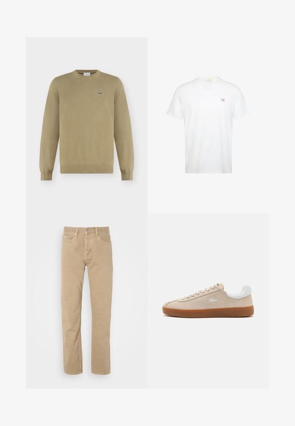 Jersey beige de manga larga con cuello redondo, puños y dobladillo acanalados, con un pequeño logo de cocodrilo verde bordado en el pecho izquierdo.; Camiseta blanca de manga corta con cuello redondo y pequeño parche con el logo rojo y negro de Calvin Klein en el pecho izquierdo.; Pantalones de algodón beige con un diseño de pierna recta, que cuentan con bolsillos frontales, cierre de botón y detalles de costura sutiles a lo largo de las costuras.; Zapatilla de ante beige con detalles en cuero blanco, cierre de cordones plano, suela de goma y logo bordado. La vista lateral muestra un diseño aerodinámico.