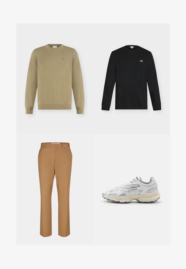 Beige langærmet crewneck-trøje med ribkanter ved ærmer og kant, med en lille grøn broderet krokodillelogo på venstre bryst.; Sort langærmet crew neck skjorte med lille grønt krokodillelogo på venstre bryst, vist mod en ensartet lys baggrund.; Brune bukser lavet af glat stof. Lige ben-design med en forlommer og et lille rødt Lacoste-logo-patch tæt på taljen.; Hvide sportssko med grå detaljer, overdel i mesh og syntetiske materialer, snørebåndsdesign og tekstureret gummisål med grebemønstre.