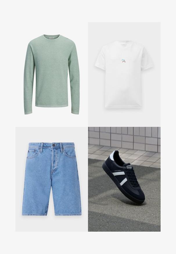 Hellgrüner, strukturierter Pullover mit langen Ärmeln, rundem Halsausschnitt und kleinem Markenetikett innen im Kragen.; Weißes Kurzarm-T-Shirt mit kleiner, bunter Stickerei von gekreuzten Stöcken und blauer, kursiver Schrift in der Mitte der Brust.; Helle blaue Denim-Shorts mit klassischem Fünf-Taschen-Design, Knopfverschluss und geradem Bein. Sie verfügen über eine ausgewaschene Textur und Nähte als Akzent.; Schwarze Leder-Sneaker mit weißen Streifen, strukturiertem Gummisohle und Schnürung. Verfügt über ein Markenetikett auf der Zunge.
