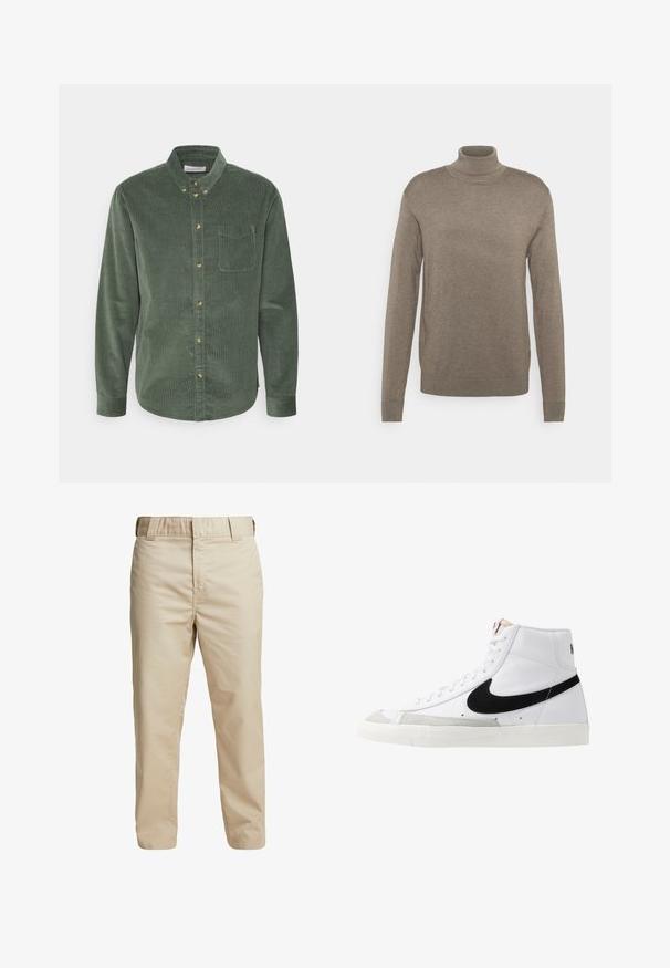 Pull en col roulé beige en matière tricotée douce. Il présente des manches longues et des poignets côtelés avec une coupe décontractée. Pas de motifs visibles.; Chemise boutonnée en velours côtelé vert, à manches longues, avec un col, une poche avant et des boutons dorés. Elle présente un tissu texturé et un ourlet incurvé.; Pantalons en coton beige avec une coupe slim, des jambes droites et des passants de ceinture ; texture lisse et design minimaliste sans accents visibles.; Baskets montantes blanches avec un swoosh noir, un capuchon de pied texturé gris et une semelle plate blanche. Elles possèdent six œillets et des accents cousus.