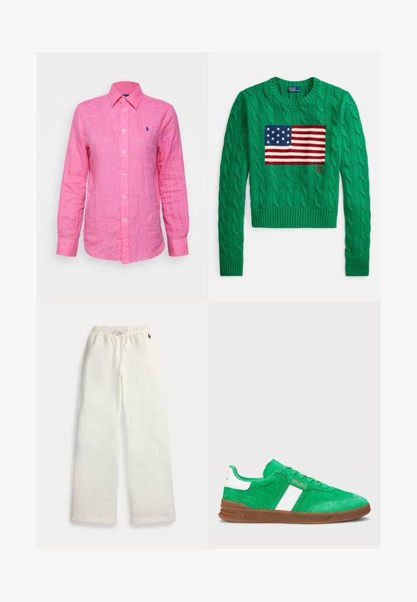 Groene kabelgebreide trui met een centraal ontwerp van de Amerikaanse vlag met blauwe en rode strepen, en "RL" geborduurd in het rood.; Langskoppige, gebuttonde shirt in felroze linnen, met een klein blauw logo op de linkerborst en witte knopen aan de voorkant.; Witte wijde sweatpants met elastische tailleband, trekkoord, zijzakken en klein donkerblauw logo bij de rechtermouw.; Groene suède sneakers met een witte horizontale streep, een bruine rubberen zool en tonale veters. Merken op de zijkant en achterkant.