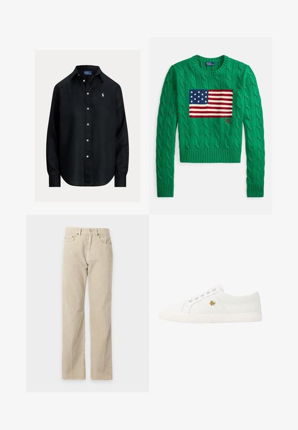 Grøn kabelstrikket sweater med centralt design af det amerikanske flag med blå og røde striber og "RL" broderet i rødt.; Sort skjorte med lange ærmer, knapper, krave, hvide knapper og lille hvid broderet Polo Ralph Lauren-logo på venstre bryst.; Beige manchesterbukser med lige ben, forlommer, bæltestropper og lukning med knap, vist på en ensfarvet baggrund.; Lauren Ralph Lauren JANSON II CANVAS SNEAKER - Sneakers - optic white