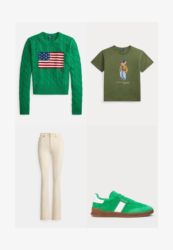 Groene kabelgebreide trui met een centraal ontwerp van de Amerikaanse vlag met blauwe en rode strepen, en "RL" geborduurd in het rood.; Olijfgroene T-shirt met een afbeelding van een beer die een zonnebril, een pet, een bruine jas en blauwe spijkerbroek draagt, met de tekst Polo Bear van Ralph Lauren.; Beige jeans met uitlopende pijpen en een hoge taille, voorzien van twee steekzakken aan de voorkant en een knoopsluiting. Soepele textuur en minimale stikseldetails.; Groene suède sneakers met een witte horizontale streep, een bruine rubberen zool en tonale veters. Merken op de zijkant en achterkant.