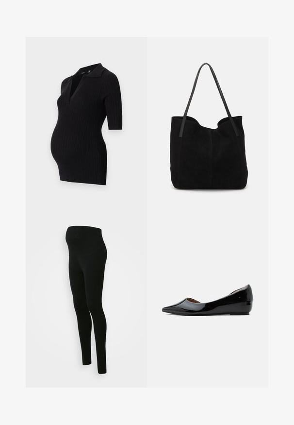 Robe de maternité noire côtelée avec un col polo court et des manches courtes, conçue pour accueillir un ventre en croissance.; Leggings de maternité noirs avec une taille haute et un soutien optimal, texture lisse, design ajusté, sans motifs ni embellissements visibles.; Chaussure plate en cuir verni noir avec bout pointu et petit talon compensé, vue de profil sur fond uni.; Sac fourre-tout en suède noir avec deux longues anses en cuir plates. Présente un bord supérieur incurvé et des coutures visibles sur le devant. Pas d'accents en métal.