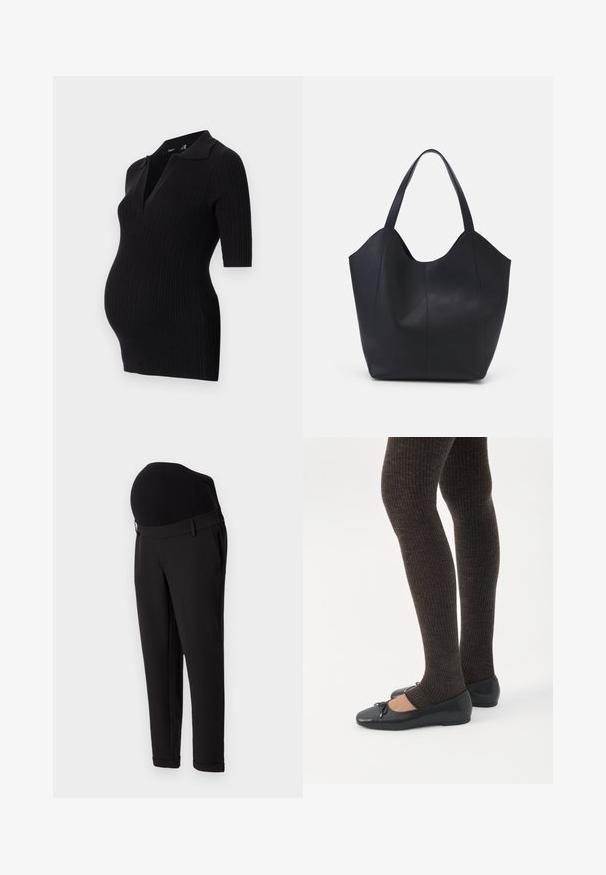 Sort ribbet graviddress med kort polo krave og korte ærmer, designet til at rumme en voksende mave.; Sorte maternitetbukser med høj elastisk talje og tapered ben design. Stoffet har en glat tekstur med en let glans.; Ben iført mørke ribbede leggings kombineret med sorte balletsko med små sløjfedetaljer på hvid baggrund.; Sort tote taske lavet af glat læder, med en buet, åben top, to skulderstropper og et minimalistisk design.