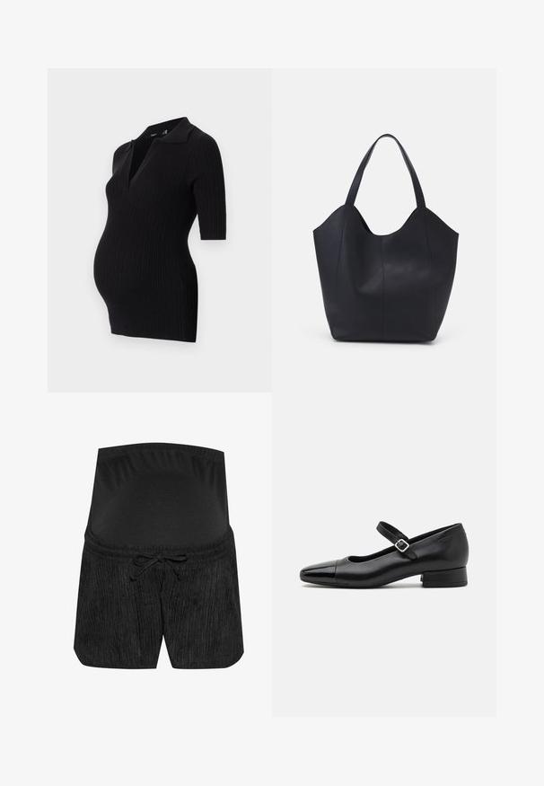 Sort ribbet graviddress med kort polo krave og korte ærmer, designet til at rumme en voksende mave.; Sorte graviditetsshorts med et tekstureret design, snørelukning i taljen og en glat, elastisk talje. Blødt stof for komfort.; Sorte læder Mary Jane-sko med en patenttå, justerbar ankelrem og lav blokhæl. Glat tekstur og strømlinet design.; Sort tote taske lavet af glat læder, med en buet, åben top, to skulderstropper og et minimalistisk design.