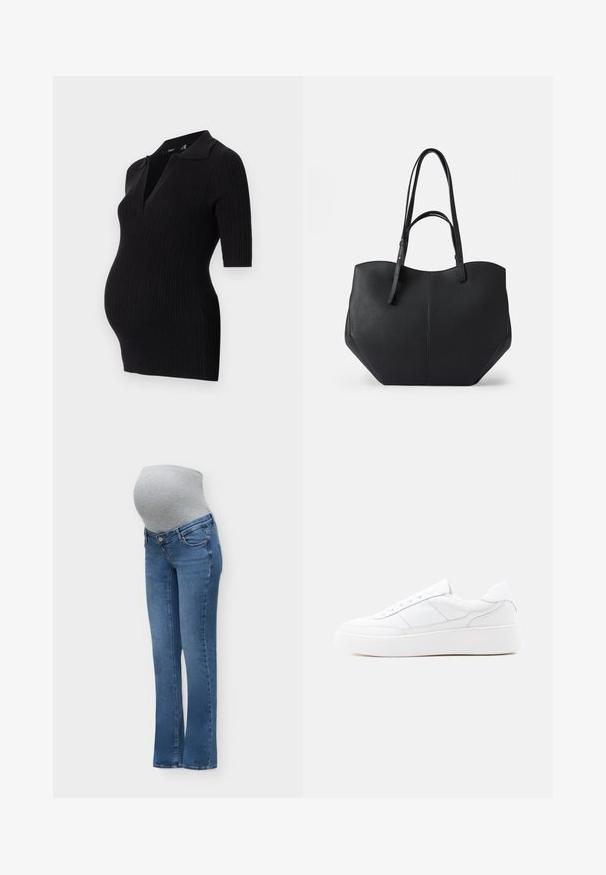 Sort ribbet graviddress med kort polo krave og korte ærmer, designet til at rumme en voksende mave.; Blå graviditetsjeans med en grå elastisk mavepanel designet til at sidde over en gravid mave for komfort og støtte.; Hvid lavtop-sneaker med tyk sål, snørelukning og diskrete syningsdetaljer på en ensfarvet lys baggrund.; Sort tote taske med glat, struktureret læder, afrundet top og to lange håndtag. Har en vinkelret bund for stabilitet og et struktureret design.