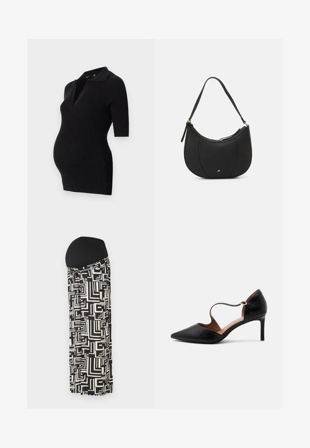 Robe de maternité noire côtelée avec un col polo court et des manches courtes, conçue pour accueillir un ventre en croissance.; Jupe maxi de maternité en noir et blanc avec des motifs géométriques, dotée d'une taille élastique pour le confort et l'élasticité.; Chaussure à talon haut en cuir noir à bout pointu avec une fine bride à la cheville et un talon stiletto de hauteur moyenne sur fond blanc.; Sac à main en cuir noir avec une forme courbée, surface texturée, coutures avant et un logo doré. Il est doté d'une seule sangle ajustable.