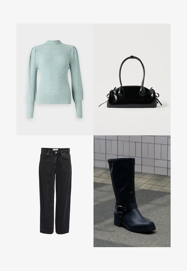 Lichtblauwe ribbeltrui met een opstaande kraag, gestructureerde schoudernaden en aansluitende lange mouwen. Zachte textuur met een rekbare kwaliteit.; Zwarte denim wijde pijpen jeans met een hoge taille, vijfzakkenontwerp en ritssluiting. Soepele textuur met minimale zichtbare stiksel details.; Zwarte leren kuitlaars met een lage blokhak en een decoratieve riem met metalen gesp rond de enkel, op een betegeld trottoir.; Kleine zwarte glanzende handtas met twee lange hengsels en zijkant trekkoord details op een effen lichte achtergrond.