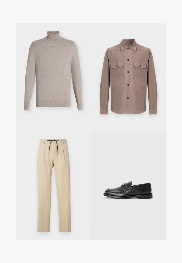 Beige rullekrave sweater med lange ærmer, lavet af blødt strikket stof, vist mod en ensfarvet hvid baggrund.; Brun skjorte med knap-lukning, lavet af blødt stof. Den har to forreste påsatte lommer, en krave og knaplukning foran.; Beige bukser med lige pasform, der har snøring i taljen, plisseret front og glat tekstur. Enkel og alsidig design.; Sorte læder loafers har en afrundet tå, syede detaljer og en lille gylden accent foran. Sålen er flad og diskret.