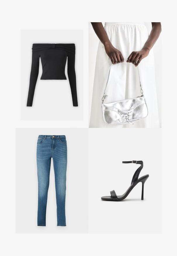 Sort, off-shoulder langærmet top med en knyttet accent. Tætsiddende, lavet af glat stof med en cropped silhuet. Simpelt og monokromt design.; Tætsiddende jeans lavet af lysblå denim med en falmet effekt, fem lommer, metalknaplukning og subtile syninger. Lige ben.; Sort højhælet sandal med en slank ankelrem og to forreste bånd. Lavet af glat læder med en slank spids tå og stilettohæl.; Sølvmetallic håndtaske med snøredetaljer, der har et slankt design og en kort strop. Tasken holdes i hænderne for at fremvise dens tekstur.