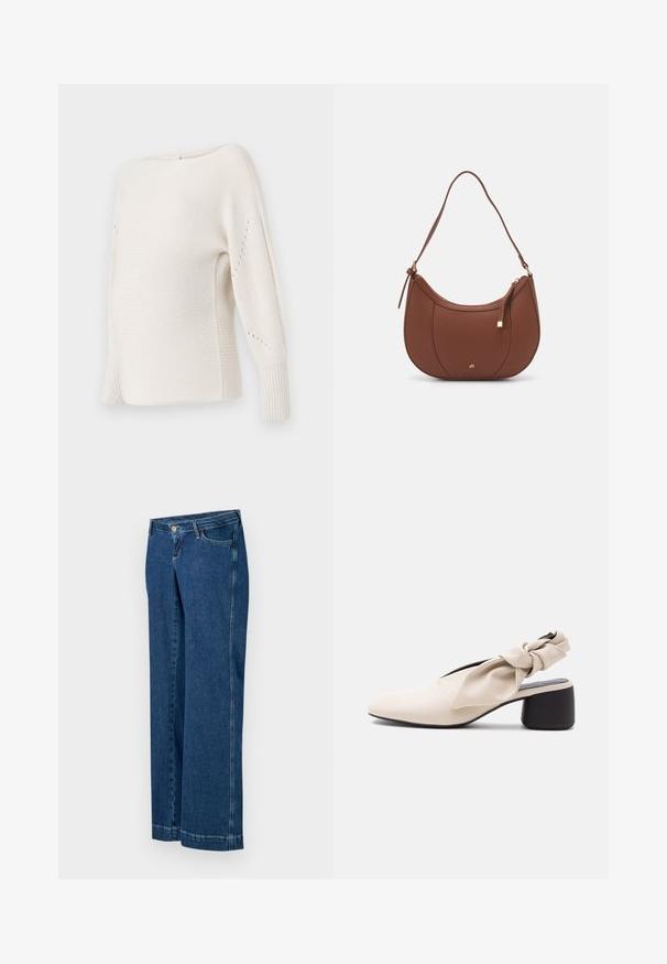 ONLY MATERNITY OLMNICOYA BOAT NECK - Svetrík - pumice stone; Široké modré denimy s klasickým päť-pocket dizajnom, zipsom a gombíkovým zapínaním, a viditeľnými stehovými detailmi.; Béžová dámska topánka s nízkym podpätkom, špicatou špičkou a prekrúteným remienkom cez priehlavok a pätu.; Hnedá umelá kožená taška cez rameno s zakriveným tvarom, minimalistickým šitím a zlatými akcentami. Obsahuje zips na vrchu a nastaviteľný popruh.