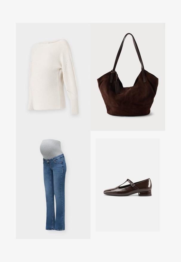 ONLY MATERNITY OLMNICOYA BOAT NECK - Trui - pumice stone; Blauwe zwangerschapsjeans met een grijze rekbare buikstrook die ontworpen is om comfortabel over een zwangere buik te passen en ondersteuning te bieden.; Bruine lakleren Mary Jane-schoenen met een afgeronde neus, een uitgesneden ontwerp en een verstelbare riem. Lage blokhak.; Bruine suède handtas met een zachte, slungelige vorm. Voorzien van leren handvatten en een tagaccent. Eenvoudige textuur met gebogen naden.