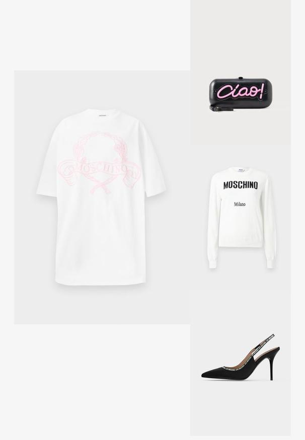Hvid langærmet sweater med sort "MOSCHINO" tekst tværs over brystet og mindre "Milano" tekst nedenunder, rund hals design.; Hvid bomulds t-shirt med et pink grafisk design, der viser en laurbærkrans og teksten "MOSCHINO" centreret på forsiden. Korte ærmer, afslappet pasform.; Sort spids tå slingback stilet hæl sko med tynd stilet hæl og "LOVE MOSCHINO" tekst på remmen og kanten.; Sort rektangulær clutch med pink neonstil "Ciao!" bogstaver og en lille sort håndledsrem på en hvid baggrund.