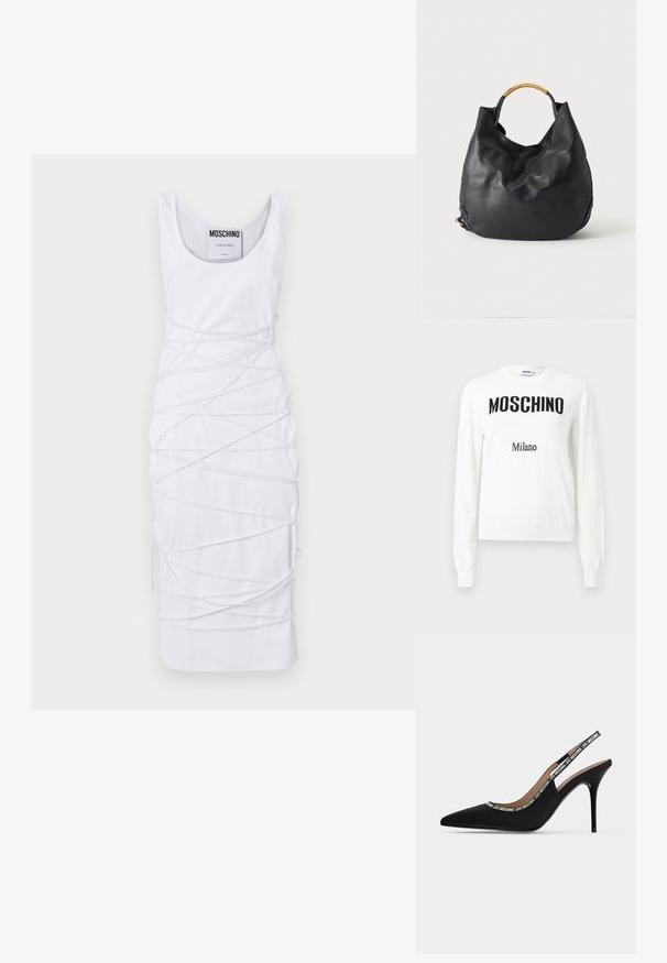 Hvid langærmet sweater med sort "MOSCHINO" tekst tværs over brystet og mindre "Milano" tekst nedenunder, rund hals design.; Hvid ærmeløs kjole med rund halsudskæring, der har et unikt design med snoede stofdetaljer og sideslids for ekstra detalje.; Sort spids tå slingback stilet hæl sko med tynd stilet hæl og "LOVE MOSCHINO" tekst på remmen og kanten.; Sort læderhåndtaske med en buet guldfarvet metalhank, slap design og rundet bund på en ensfarvet lys baggrund.