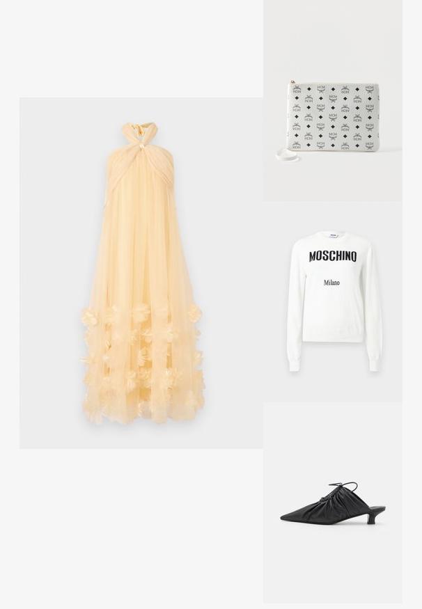 Valge pikakäisteline kampsun musta "MOSCHINO" kirjaga rinnal ja väiksema "Milano" kirjaga all, ümara kaelusega disain.; Üks suur kleit, mis on valmistatud läbipaistvast heledast kollasest kangast, sisaldab sõlmega kaelust ja lillelisi aplikaate allääres, luues voolava silueti.; Mustad nahast libisemisega mullingud terava varbaga, volditud tekstuuriga ja väikese kitinõelaga. Omab tõmbluku detaili avas.; Valge nahast randmekott, mis on kaunistatud korduvate mustade MCM logode, tiibadega embleemide ja teemantkujudega, varustatud kuldse tõmblukuga ja randmerihmaga.