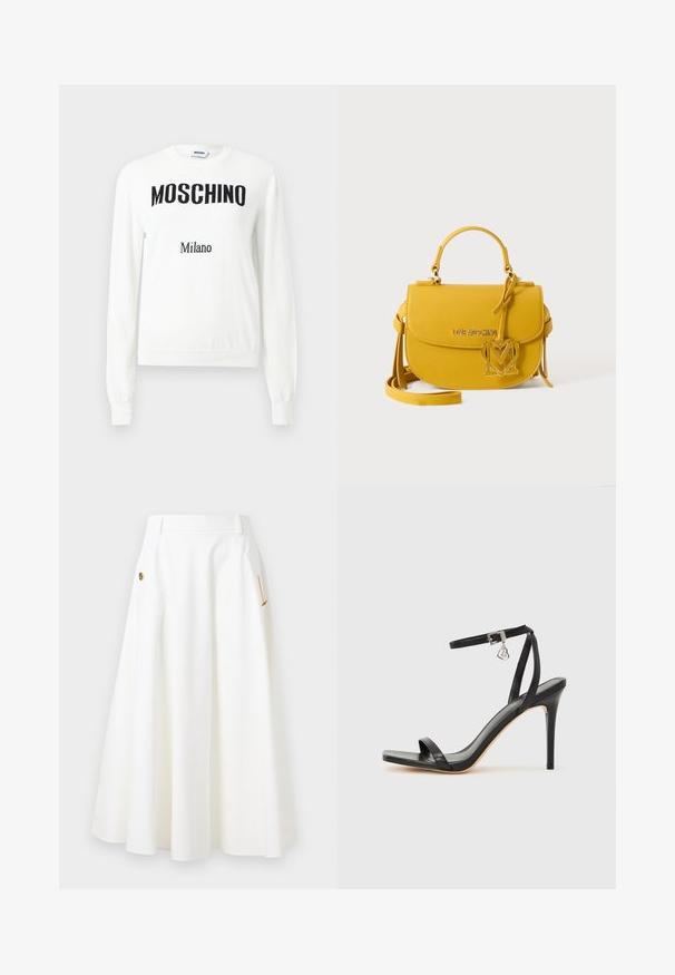 Valge pikakäisteline kampsun musta "MOSCHINO" kirjaga rinnal ja väiksema "Milano" kirjaga all, ümara kaelusega disain.; Valge A-line midi seelik küljetaskute, kuldse ketiga ja dekoratiivsete nööpdetailidega ning vöörihmadega taljes.; Mustad kõrge kontsaga sandaal kitsaste pahkluu rihmadega, kandilise varbaosaga, siledast nahast ning metallist pandla aktsendiga.; Kollane Love Moschino käekott, millel on ülaosas käepide, pikk rihm ja metallist südamekujuline logoga ripats esiklapil.