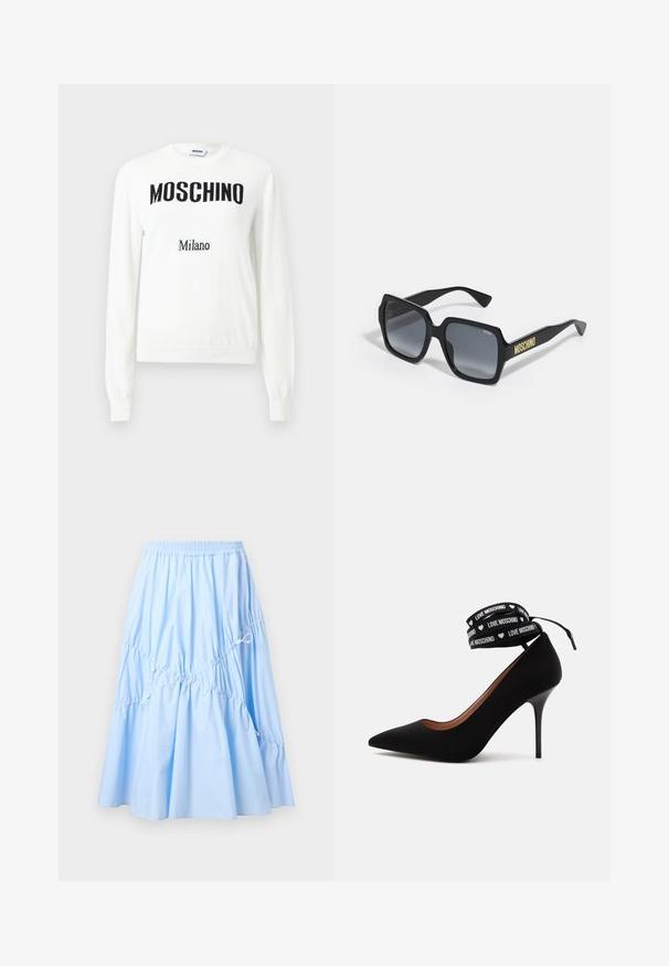 Pull blanc à manches longues avec le texte noir "MOSCHINO" en travers de la poitrine et un texte plus petit "Milano" en dessous, col ras du cou.; Jupe midi bleu clair avec taille élastique, détails froncés et cordons ajustables pour une silhouette évasée.; Escarpin noir à talon haut avec bout pointu et bride cheville avec le texte "LOVE MOSCHINO" et petits symboles de cœur blancs.; Lunettes de soleil noires en carré avec des verres gris dégradés ; présentent des accents subtils et un logo "MOSCHINO" en jaune sur la branche.