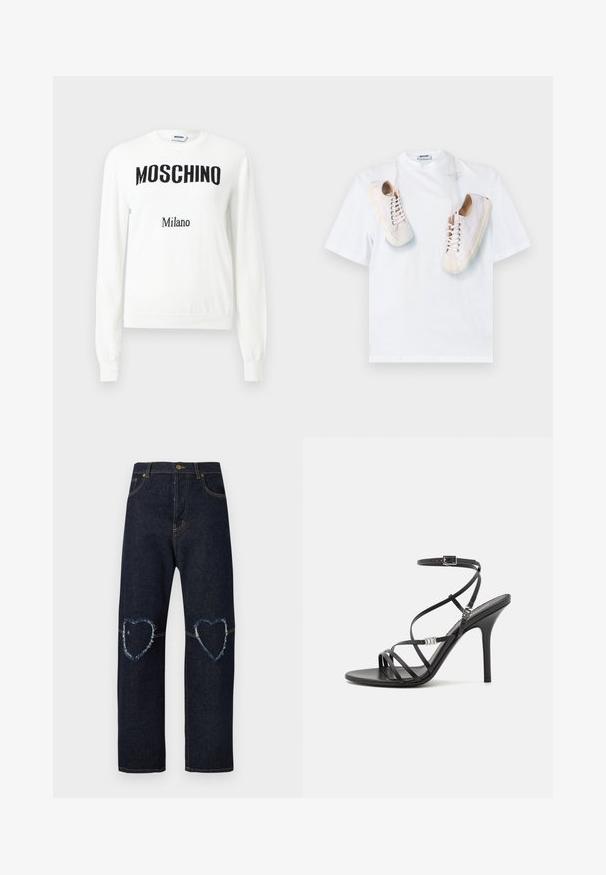 Pull blanc à manches longues avec le texte noir "MOSCHINO" en travers de la poitrine et un texte plus petit "Milano" en dessous, col ras du cou.; T-shirt en coton blanc avec un imprimé graphique de baskets beiges lacées. Col rond et manches courtes, esthétique simple et épurée.; Jean en denim bleu foncé avec jambes droites et patchs en forme de cœur usés sur les deux genoux.; Sandale noire à talons hauts avec des brides fines, une boucle à la cheville, une surface en cuir lisse et un talon aiguille élancé.