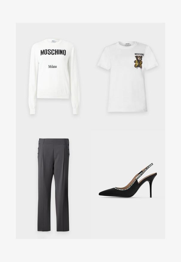 Witte trui met lange mouwen en zwarte tekst "MOSCHINO" over de borst, met kleinere "Milano" tekst daaronder, ontwerp met ronde hals.; Witte T-shirt met korte mouwen met een klein bruin teddybeertje gewikkeld in een gele meetlint en de tekst "MOSCHINO" op de bovenste linkerborst.; Grijze op maat gemaakte broek met een recht gesneden ontwerp, voorplooien en decoratieve zijknopen voor extra detail. Vriendelijke stoftextuur.; Zwarte slingback pump met spits toe, dunne naaldhak en "LOVE MOSCHINO" tekst op het bandje en de rand.