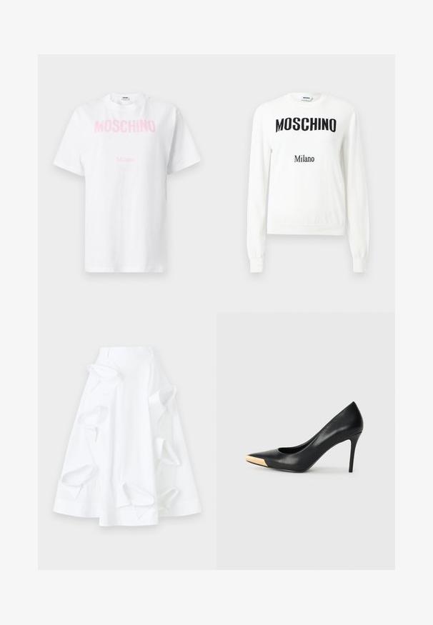 Pull blanc à manches longues avec le texte noir "MOSCHINO" en travers de la poitrine et un texte plus petit "Milano" en dessous, col ras du cou.; T-shirt en coton blanc avec le texte "MOSCHINO" en rose sur la poitrine et un texte plus petit "Milano" en dessous, manches courtes et encolure ronde.; Jupe en A blanche en coton, dotée de découpes surdimensionnées et d'une texture lisse. Comprend une taille structurée.; Pompe à talon haut en cuir noir avec bout pointu ; présente une accentuation métallique dorée sur le capuchon. Surface lisse avec un design épuré.