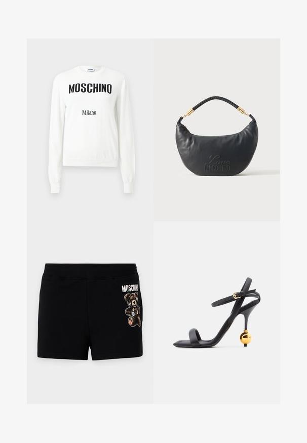 Biely sveter s dlhými rukávmi s čiernym nápisom "MOSCHINO" na hrudi a menším nápisom "Milano" pod ním, dizajn s okrúhlym výstrihom.; Čierne bavlnené šortky so grafikou medveďa s farebnými záplatami. Pás je elastický pre pohodlie a neformálne nosenie.; Čierne sandále na vysokom opätku s tenkým remienkom okolo členku a unikátnym zlatým guľatým detailom na opätku, s dizajnom štvorcového prsta.; Čierna kabelka v tvare polmesiaca s pletenou rúčkou, zlatým kovaním a vyrazeným logom "Love Moschino" na prednej strane.