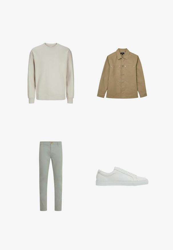Sudadera gris claro hecha de tejido suave, con cuello redondo, mangas largas y puños y dobladillo acanalados para un ajuste cómodo.; Chaqueta beige con botones, con cuello y cuatro bolsillos delanteros, dos en el pecho y dos cerca de la cintura.; Pantalones de algodón verde claro con corte recto, bolsillos frontales y cierre de botón simple en la cintura. Textura suave, diseño minimalista.; Reiss REGULAR FIT - LUCA TUMBLED - Zapatillas - white