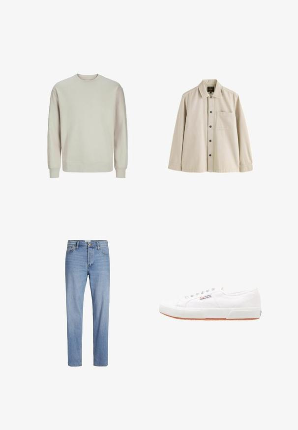 Lys grå sweatshirt lavet af blødt stof, med rund hals, lange ærmer og ribbestrikkede manchetter og kant for en behagelig pasform.; Beige langærmet skjorte med knapper, krave og en brystlomme, lavet af et robust stof.; Lysblå denimjeans med lige pasform, standard fem-lomme design og synlig stitching. Ingen tydelige mønstre eller accenter.; Hvide kanvas sneakers med gummisål, snørebåndsdesign og et lille logo mærke på siden. Tekstureret hvid overdel og brun ydersål.