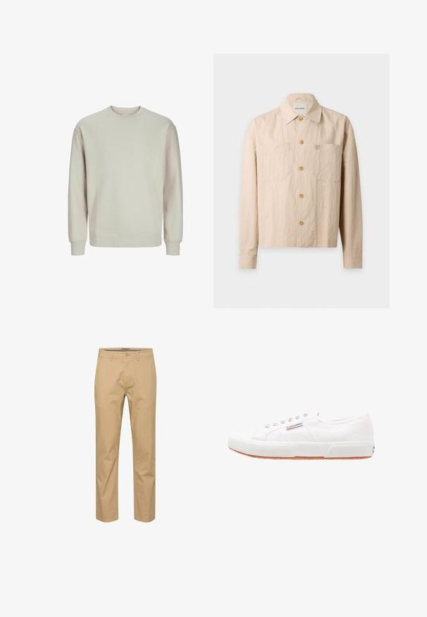 Sweatshirt gris clair en tissu doux, avec un col rond, des manches longues et des poignets et un ourlet côtelés pour un ajustement confortable.; Chemise beige à boutons, manches longues, deux poches poitrine et col, présentée sur fond blanc.; Chinos en coton beige avec une coupe droite, passants de ceinture, fermeture à bouton à l'avant et deux poches latérales. Texture lisse avec peu de plis.; Baskets en toile blanches avec une semelle en caoutchouc, design à lacets et une petite étiquette logo sur le côté. Tige blanche texturée et semelle extérieure marron.