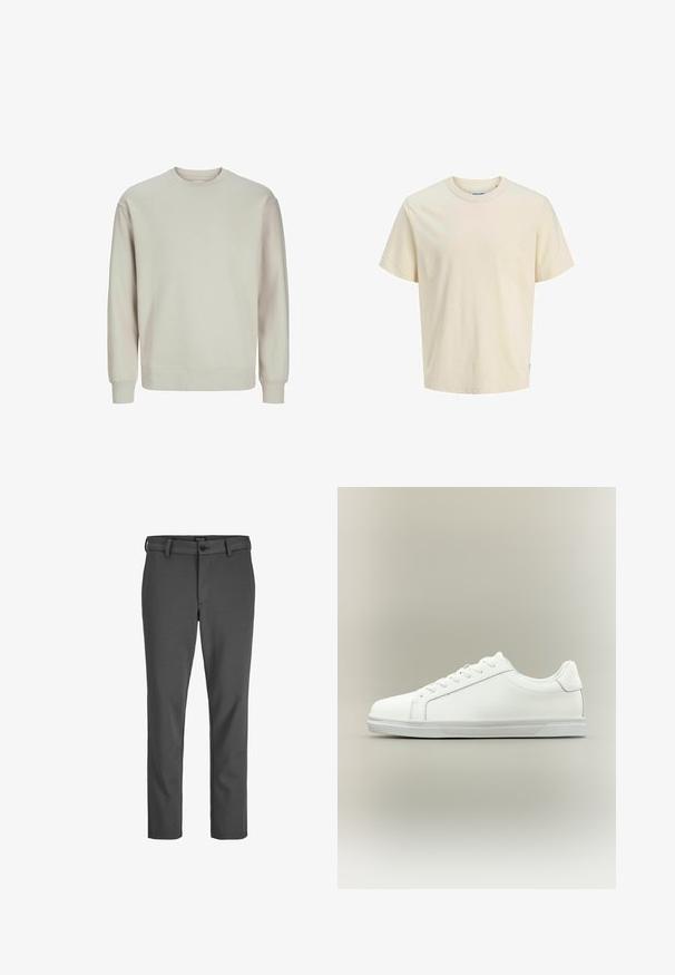 Sweatshirt gris clair en tissu doux, avec un col rond, des manches longues et des poignets et un ourlet côtelés pour un ajustement confortable.; T-shirt en coton beige clair avec un col rond, des manches courtes et une coupe décontractée. Présente un branding minimal près de l'ourlet. Texture lisse.; Pantalons gris ajustés en tissu lisse, dotés d'une fermeture à bouton et de passants de ceinture, avec une coupe droite et sans motifs visibles.; Baskets blanches basses à lacets sur l'avant avec semelle en caoutchouc texturée, sur fond neutre uni.