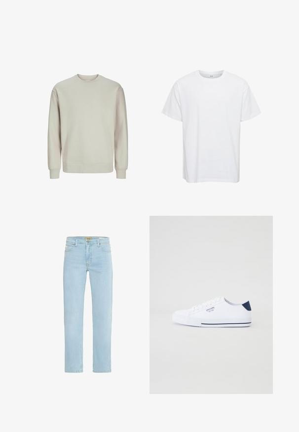 Helles graues Sweatshirt aus weichem Stoff, mit rundem Hals, langen Ärmeln und gerippten Bündchen und Saum für eine bequeme Passform.; Weißes Baumwoll-T-Shirt mit kurzen Ärmeln, Rundhalsausschnitt und lockerer Passform. Glatte Textur, keine Muster oder Akzente. Einfaches Design.; Hellblaue Denim-Jeans mit geradem Schnitt, traditionellem Fünf-Taschen-Design sowie einem Messingknopf und Reißverschlussverschluss vorne.; Weiße Canvas-Sneaker mit navyblauem Fersenakzent, flacher Gummisohle, runder Zehenpartie und weißen Schnürsenkeln. Mit Logo an der Seite.