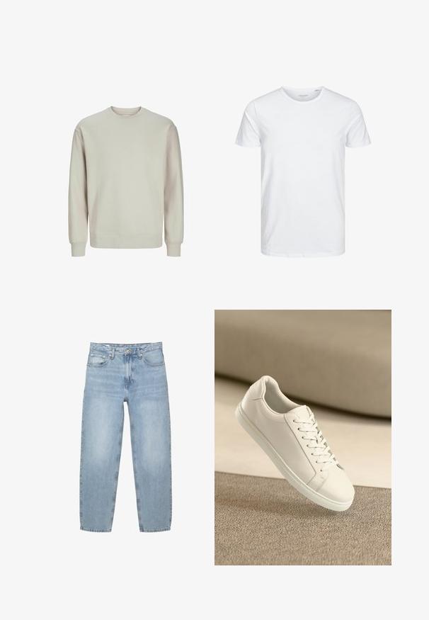 Svetlošedý sweatshirtný s mäkkou textúrou, s okrúhlym výstrihom, dlhými rukávmi a rebrovanými manžetami a lemom pre pohodlné nosenie.; Tričko s okrúhlym výstrihom a krátkym rukávom v čistej bielej farbe, vyrobené z jemnej bavlny, má jednoduchý dizajn bez viditeľných vzorov alebo akcentov.; Svetlomodré džíny, voľný strih, s vysokým pásom, dizajn s piatimi vreckami, zapínanie na gombík a zips, rovné nohavice s mierne poškodeným lemom.; Biele kožené tenisky s bielymi šnúrkami, vystavené na béžovom textúrovanom povrchu a s jemne rozostreným pozadím.