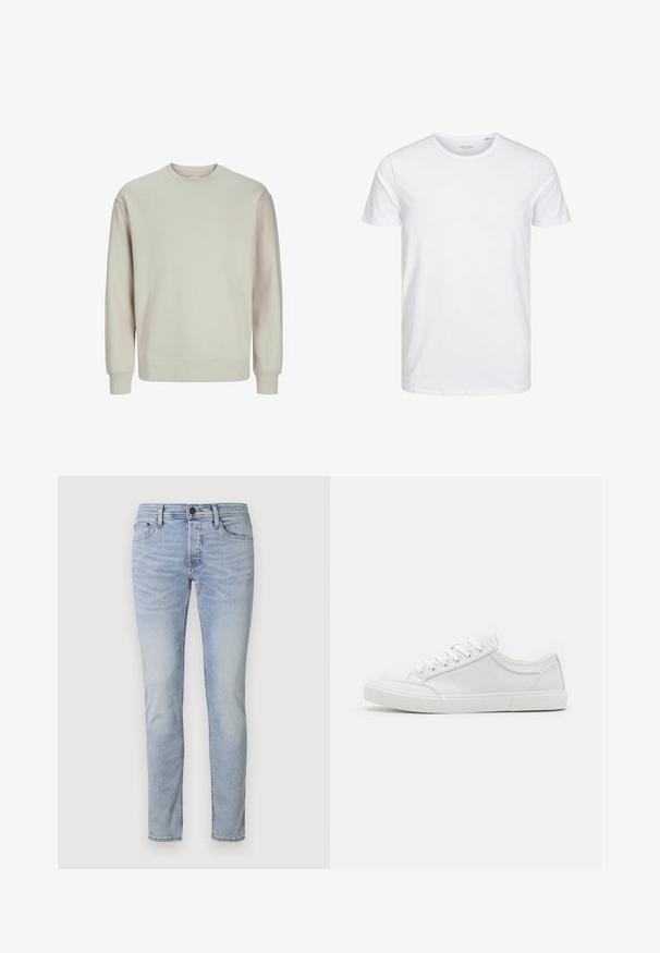 Lys grå sweatshirt lavet af blødt stof, med rund hals, lange ærmer og ribbestrikkede manchetter og kant for en behagelig pasform.; Rundhals kortærmet t-shirt i ensfarvet hvid, lavet af blød bomuld, har et simpelt design uden synlige mønstre eller detaljer.; Lyseblå denimjeans med slim fit, femlommesdesign og lynlås. Har subtil fading og syet detaljering langs sømmene.; Hvide sneakers med en glat læderoverdel, rund tå, flad gummisål og seks øjestik til snørebånd. Subtile syninger og minimalistisk design.