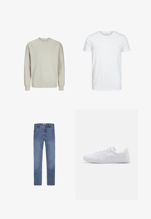 Sweatshirt gris clair en tissu doux, avec un col rond, des manches longues et des poignets et un ourlet côtelés pour un ajustement confortable.; T-shirt à col rond à manches courtes de couleur blanche unie, fabriqué en coton doux, avec un design simple sans motifs ni accents visibles.; Jeans en denim bleu clair avec une coupe droite, cinq poches et des surpiqûres contrastantes. Dotés d'une fermeture à bouton et à glissière.; Baskets en toile blanches avec une semelle en caoutchouc, dotées de six œillets, d'un embout texturé et d'un design minimaliste.