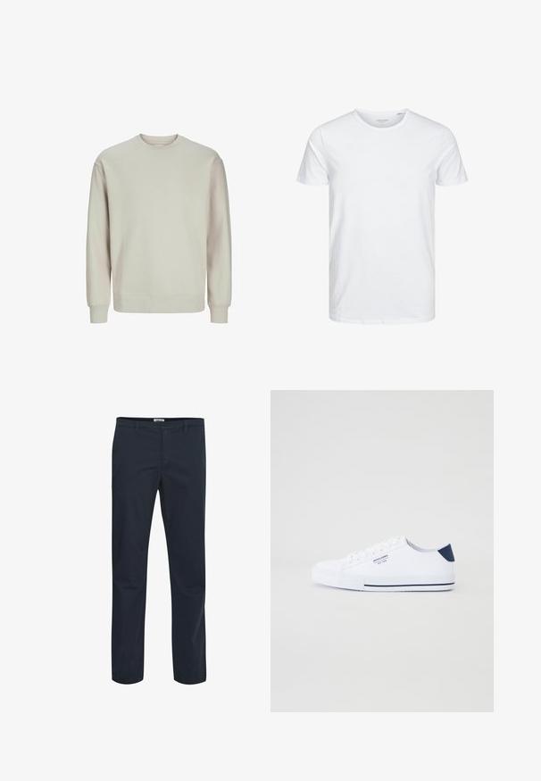 Svetlošedý sweatshirtný s mäkkou textúrou, s okrúhlym výstrihom, dlhými rukávmi a rebrovanými manžetami a lemom pre pohodlné nosenie.; Tričko s okrúhlym výstrihom a krátkym rukávom v čistej bielej farbe, vyrobené z jemnej bavlny, má jednoduchý dizajn bez viditeľných vzorov alebo akcentov.; Námornícke modré nohavice vyrobené z bavlneného zmesového materiálu. Majú klasický dizajn s prednými vreckami a zipsovým zapínaním. Hladká textúra.; Biele plátené tenisky s námořníckou akcentovanou pätou, plochou gumovou podrážkou, okrúhlou špičkou a bielymi šnúrkami. Obsahujú logo na boku.