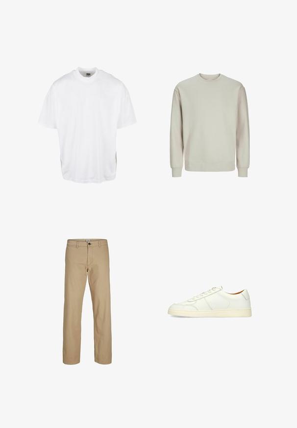 Lichtgrijze sweatshirt van zachte stof, met een ronde hals, lange mouwen en ribgebreide boorden en zoom voor een comfortabele pasvorm.; Witte katoenen t-shirt met een relaxte pasvorm, korte mouwen en een ronde halslijn, met een rechte zoom en geen zichtbare grafische afbeeldingen of patronen.; Beige rechte broek met knoopsluiting, ceintuurlussen en voorzakken, afgebeeld tegen een witte achtergrond.; Witte leren sneaker met lage enkel, veters aan de voorkant en crèmekleurige rubberen zool, gezien vanaf de linkerkant op een witte achtergrond.