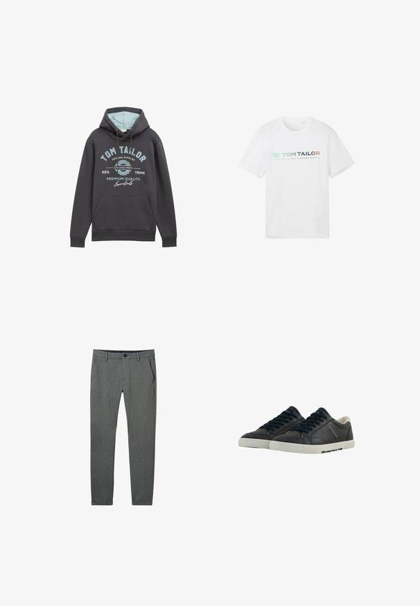 Capuchontrui in donkergrijze katoenmix met blauwe binnenkant. Kenmerken zijn een voorzak en blauwe bedrukte branding. Relaxte pasvorm, ribgebreide manchetten.; Witte katoenen t-shirt met een ronde hals, korte mouwen en een voorpandprint: "TOM TAILOR" met "ESSENTIALS SINCE NINETEEN SIXTY-2."; Grijze broek van textuurstof, met een slim fit, zijzakken, riemlussen en een enkele knoopsluiting bij de taille.; Marine leren sneakers met witte rubberen zolen, ronde neus en zwarte veters. Subtiele texturen en branding aan de zijkanten. Casual ontwerp.