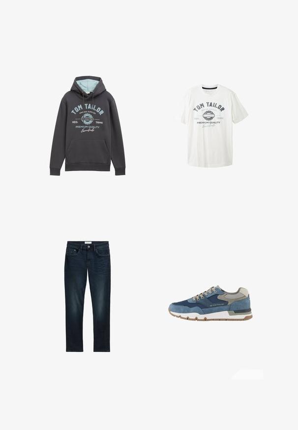 Hættetrøje i mørkegrå bomuldsblanding med blå inderside. Har en frontlomme og blå trykt branding. Løs pasform, ribbede manchetter.; Hvid bomulds t-shirt med rund hals, korte ærmer og trykt grafisk motiv i sort og blå med mærkenavnet "Tom Tailor."; Mørkeblå denim jeans med slim fit, der har fem lommer, knaplukning og diskret falmning foran for tekstur.; TOM TAILOR LICENCE SNEAKER MIT -BLOCKING - Sneakers - navy