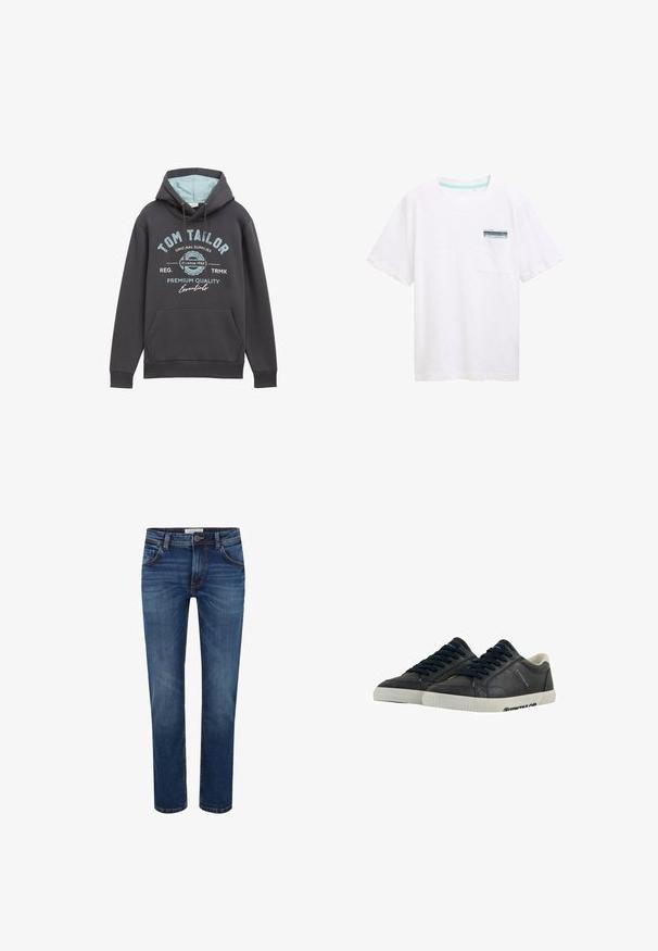 Sudadera con capucha en mezcla de algodón gris oscuro con interior azul. Presenta un bolsillo frontal y una marca impresa en azul. Corte relajado, puños acanalados.; Camiseta de algodón blanca con mangas cortas, que presenta un bolsillo con una etiqueta azul y blanca. Textura suave y ajuste relajado.; Vaqueros de mezclilla en azul oscuro con un diseño de pierna recta, estilo de cinco bolsillos y costura en contraste. Cintura estándar con cierre de botón.; Zapatillas de deporte de cuero marino con suelas de goma blanca, punta redonda y cordones negros. Texturas sutiles y marcas en los laterales. Diseño casual.
