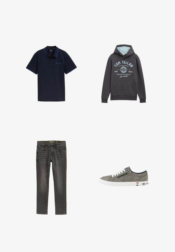 Hættetrøje i mørkegrå bomuldsblanding med blå inderside. Har en frontlomme og blå trykt branding. Løs pasform, ribbede manchetter.; Marineblå polo-shirt med en to-knaps placket, kontrasterende blå krave og ærmekanter, samt broderet "Tom Tailor" logo på brystet.; Mørkegrå denimjeans med regulær pasform. Har fem lommer, en lynlås i gylpen og subtle fading på stoffet for tekstur.; Grå lavtop-sneaker med hvide snørebånd, sidelås og hvid sål med røde, hvide og blå striber samt Tom Tailor-branding.
