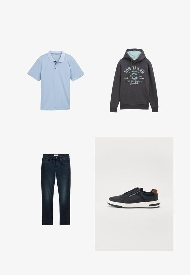 Hættetrøje i mørkegrå bomuldsblanding med blå inderside. Har en frontlomme og blå trykt branding. Løs pasform, ribbede manchetter.; Lyseblå polo-shirt med en tofarvet krave, tre-knaps placket og korte ærmer. Fremstillet af glat, åndbart stof.; Mørkeblå denim jeans med slim fit, der har fem lommer, knaplukning og diskret falmning foran for tekstur.; Marine sneakers med en tekstureret mesh-overdel og glatte læderdetaljer. Hvid mellemsål, mørk ydersål og diskret branding på siden.