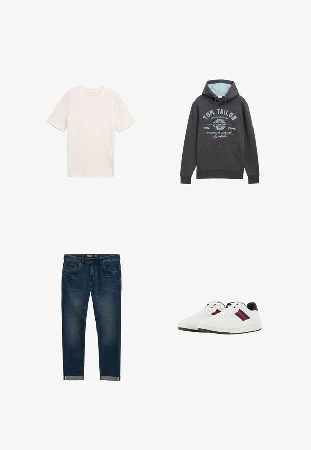 Hættetrøje i mørkegrå bomuldsblanding med blå inderside. Har en frontlomme og blå trykt branding. Løs pasform, ribbede manchetter.; Kortærmet T-shirt med rund hals i off-white bomuld. Har en afslappet pasform med glat tekstur og ingen bemærkelsesværdige mønstre eller accenter.; Mørkeblå denim jeans med regular fit, udstyret med fem lommer, en klassisk lynlåsfront og opsmøg med en kontrasterende indvendig foring.; TOM TAILOR Sneakers - white navy
