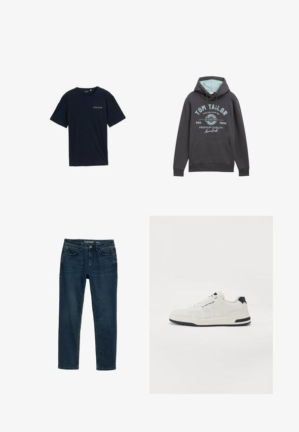 Capuchontrui in donkergrijze katoenmix met blauwe binnenkant. Kenmerken zijn een voorzak en blauwe bedrukte branding. Relaxte pasvorm, ribgebreide manchetten.; Navyblauwe katoenen T-shirt met een ronde halslijn en korte mouwen. Kenmerkt zich door een klein rood tekstlogo op de borst. Regular fit, soepele textuur.; Donkerblauwe denim jeans met een rechte pasvorm. Voorzien van vijf zakken, een ritssluiting en contrasterende stiksels langs de naden.; Witte sneakers met een gebreide textuur, voorzien van een marineblauw accent op de hiel en zool. Platte veters en een afgeronde neusontwerp.