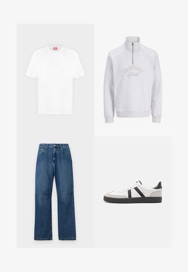 Light gray sweatshirt with a quarter-zip collar, featuring "ORIGINALS" embroidered in a curved pattern. Soft texture, long sleeves.; White short-sleeve crew neck t-shirt with a small white embossed logo on the left chest and a red Diesel brand tag inside the collar.; Straight-leg blue denim jeans with high waist, front button and zipper closure, and front and back pockets.; White sneaker with black and gray accents, featuring a textured gray toe cap, black rubber sole, and flat white laces. Clean design, minimalist style.
