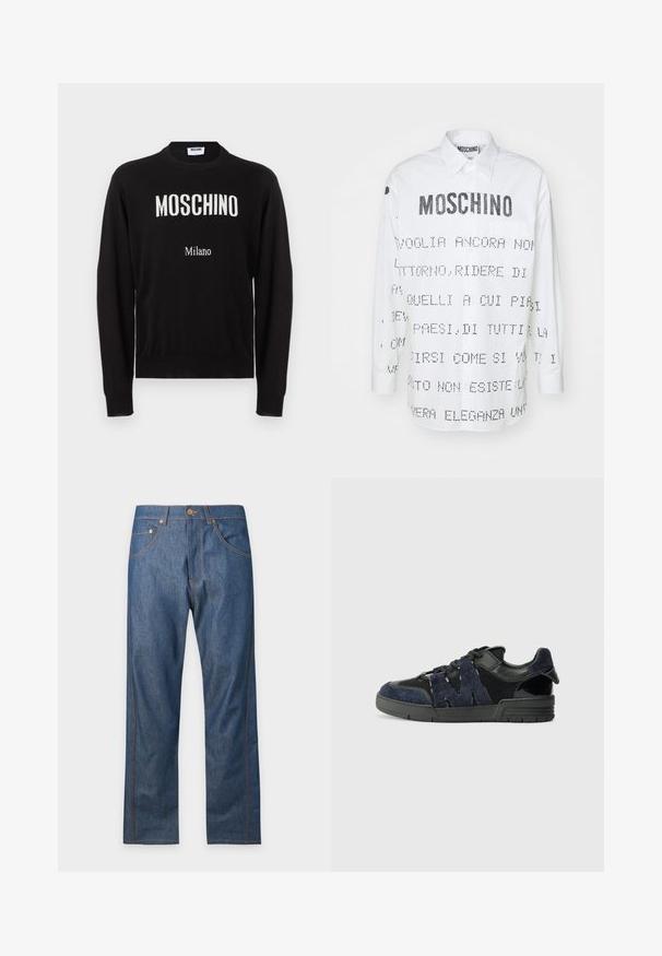 Čierny dlhý rukáv so zaobleným výstrihom a bielym nápisom "MOSCHINO" a menším nápisom "Milano" na prednej strane.; Biela košeľa s dlhým rukávom a špicatým golierom, s čiernym textom a grafickými dizajnami potlačenými na prednej a zadnej strane. S uzatváraním na gombíky.; Modré rifľové nohavice s rovnými nohavicami, predným zapínaním na gombík a zips, a viditeľným oranžovým prešívaním na vreckách a švoch.; Čierne a námornícke tenisky sú vyrobené z semišových a sieťovinových materiálov, majú hrubú podrážku a výrazný výrez v tvare "M" na boku.