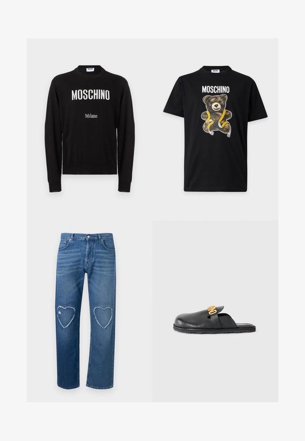 Pull noir à manches longues avec col rond, avec le texte blanc "MOSCHINO" et un plus petit "Milano" sur le devant.; T-shirt noir Moschino avec un graphisme d'ours en peluche enveloppé dans un ruban à mesurer jaune et le nom de la marque imprimé au-dessus.; Jean en denim bleu à taille haute, jambes droites, avec des découpes en forme de cœur effilochées sur les deux genoux.; Mule en cuir noir à enfiler avec un détail de bande décorative en or et une semelle en caoutchouc texturée basse sur un fond uni.