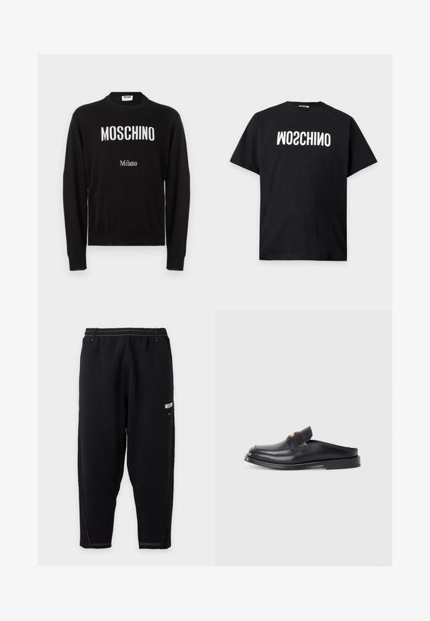 Čierny dlhý rukáv so zaobleným výstrihom a bielym nápisom "MOSCHINO" a menším nápisom "Milano" na prednej strane.; Čierne tričko s krátkym rukávom s bielym obráteným textom "MOSCHINO" potlačeným cez hrudník na jednofarebnom svetlom pozadí.; Čierne zúžené tepláky s elastickým pásom, bielym kontrastným prešívaním a malým bielym logom "Moschino" na hornej časti stehna.; Čierna kožená obuv na pracky s okrúhlym špičkou, nízkym podpätkom a prepleteným detailom v hornej časti. Vyznačuje sa minimalistickým dizajnom a hladkou textúrou.