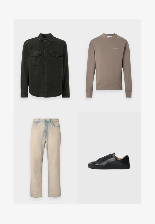 Langærmet taupe sweatshirt med ribbede manchetter og kant, med lille hvid "Tiger of Sweden" logo på venstre bryst.; Mørkegrøn skjorte med knapper lavet af blødt stof, med krave, to brystlommer, lange ærmer og lige kant.; Lyse beige denim jeans med lige ben design, falmede blå detaljer, fem lommer og en knaplukning i taljen.; Sorte lædersneakers med en glat overflade, rund tå og snørebåndslukning. Har en tyk gummisål og minimal branddetalje.