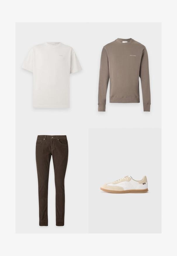 Sudadera de manga larga en color topo con puños y dobladillo acanalados, que presenta un pequeño logo blanco "Tiger of Sweden" en el lado izquierdo del pecho.; CLOSED LOGO - Camiseta básica - blush pink; Pantalones ajustados de pana marrón con bolsillos delanteros, trabillas para cinturón y cierre de botón, mostrados sobre un fondo claro y sencillo.; Zapatilla blanca con detalles en ante beige claro, perforaciones, cordones planos y suela de goma color caramelo. Presenta una marca a rayas en el talón.