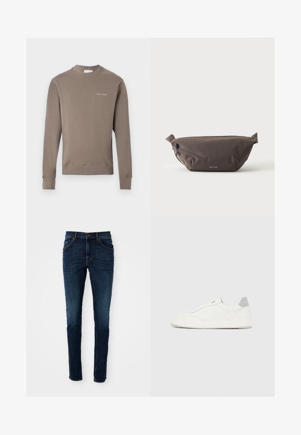Langarm taupe sweatshirt met ribbels aan de manchetten en onderkant, met een klein wit logo "Tiger of Sweden" op de linkerborst.; Donkerblauwe denim jeans met een slim fit, gestructureerd ontwerp, vijf-pocketstijl en lichte vervagingdetails langs de benen en naden.; Witte lage sneaker met grijze hielpatch, witte veters en een gestructureerde zool, gepresenteerd op een effen lichte achtergrond.; Donkerbruine stoffen heuptas met diagonale ritssluiting en klein wit logo aan de voorkant, tegen een effen lichte achtergrond.